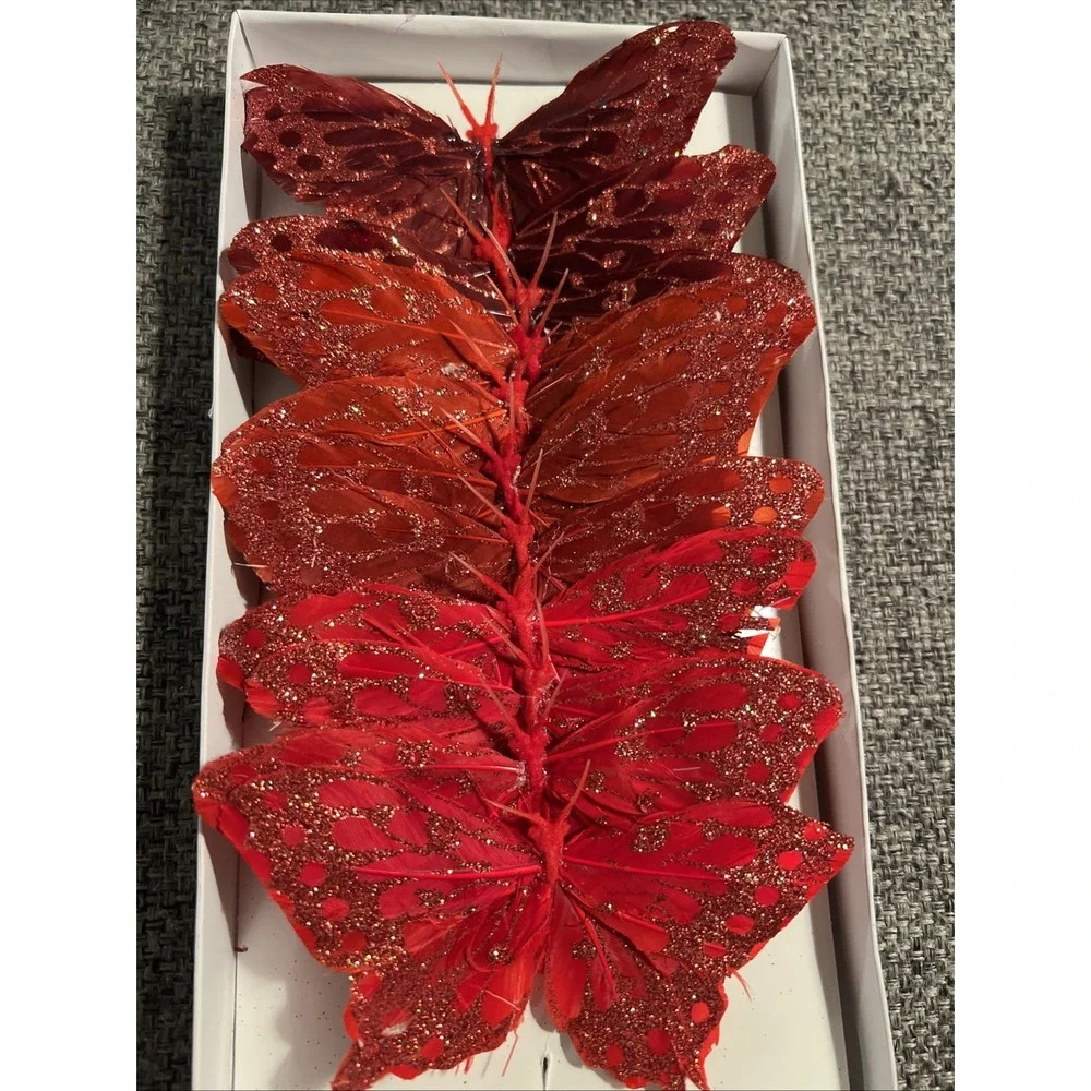 Butterflies Dark Burgundy Red Wired‎ Painted Feather Glitter 5